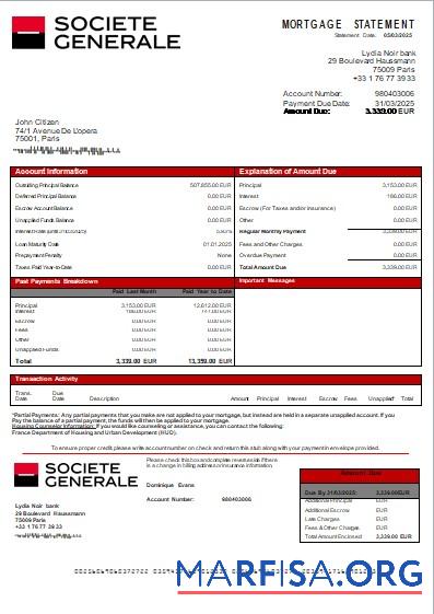 Downloadable France Société Générale bank mortgage statement scr real example